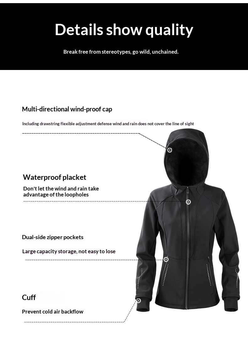 Nouveauté 2025 : Veste softshell noire slim fit pour femme, idéale pour les activités de plein air en début d'automne et d'hiver, avec ceinture cintrée._voghion.com