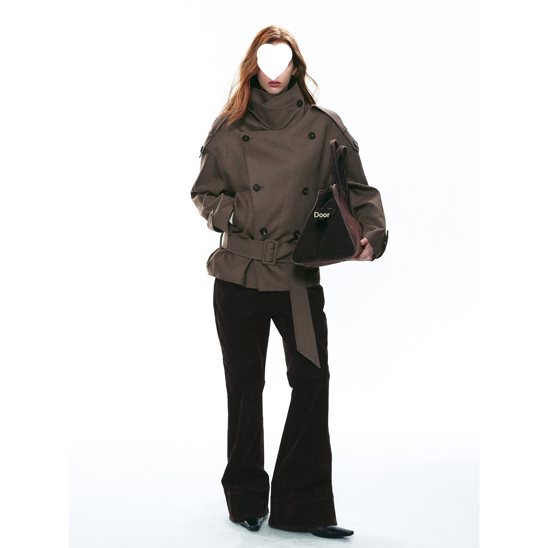 2W French Retro Large Stand Collar Wide Shoulder Short Double-Breasted Waist-Tie Trench Coat For Women_voghion.com