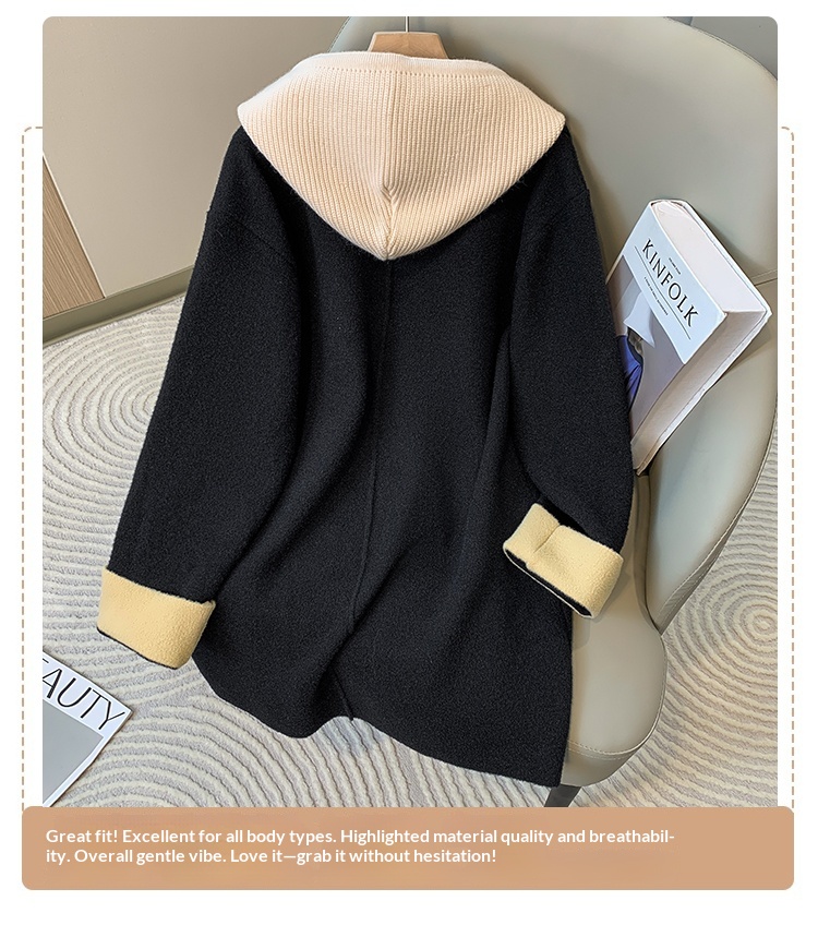2025 Women's Clothing Women's Mid-Length Hooded Coat, Thickened Spring And Autumn, Size, High-End Elegant Wool Overcoat For Plus Size_voghion.com