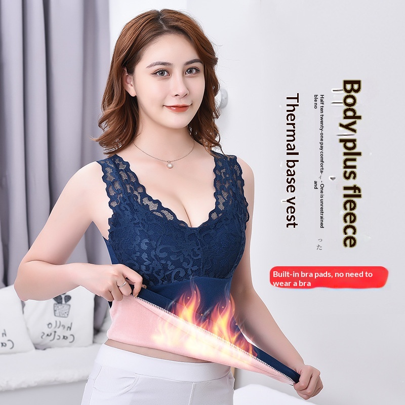 girl Underwear Plus Size Fengzhixin Lace Beautiful Back Seamless V-neck Fleece Slim Base Layer Thermal Vest_voghion.com