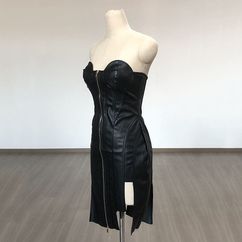 ChicShe ChicShe Haut tube noir moulant en cuir PU pour femme, style européen et américain, robe de soirée élégante et fuselée, best-seller_voghion.com