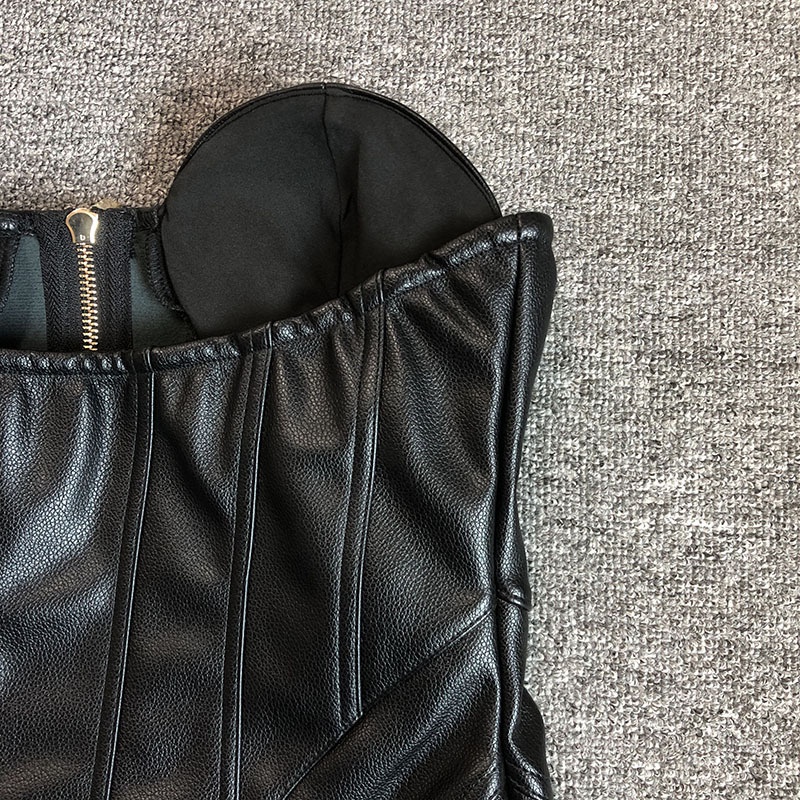 ChicShe ChicShe Haut tube noir moulant en cuir PU pour femme, style européen et américain, robe de soirée élégante et fuselée, best-seller_voghion.com