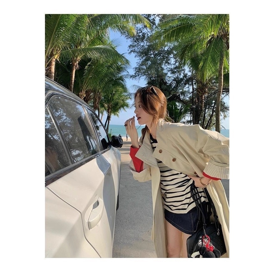 Damenbekleidung: Trenchcoat im Vintage-Stil mit Stehkragen, gestreiften Ärmeln, lockerer Passform, figurformend, hochwertig, lange Jacke_voghion.com