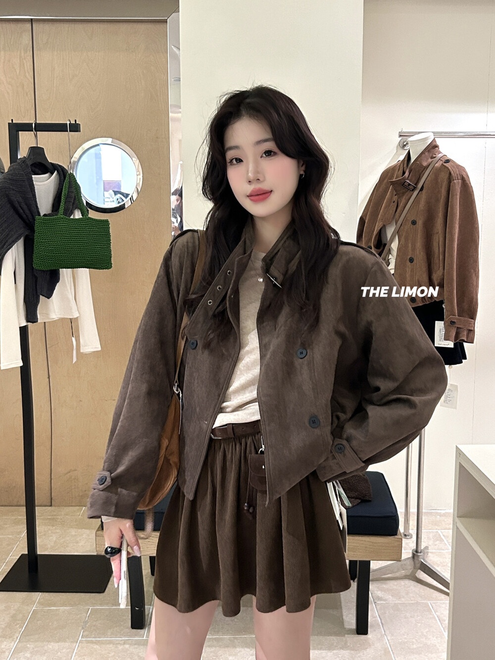 2025 Autumn Women's Clothing The Lemon Green Tea Retro Suede Jacket Coat For Women Stand Collar Short Top_voghion.com