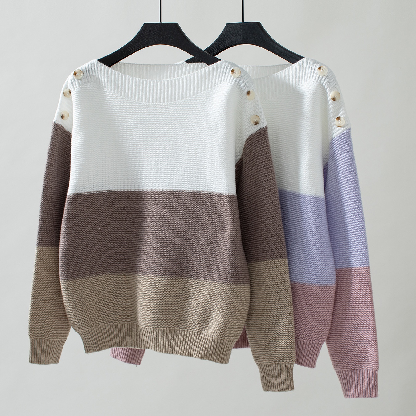 ChicShe ChicShe Rainy Color Block Off-Shoulder Button Pullover Women's European And American Style Sweater Autumn Winter Casual Loose_voghion.com