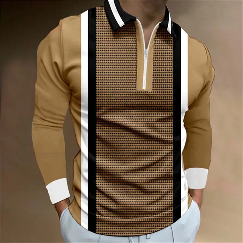 boy Boy Cross-Border New Striped 3-Color Shirt Spring And Autumn Long Sleeve Zipper Turn-Down Collar Casual Plus Size Men's Polo_voghion.com