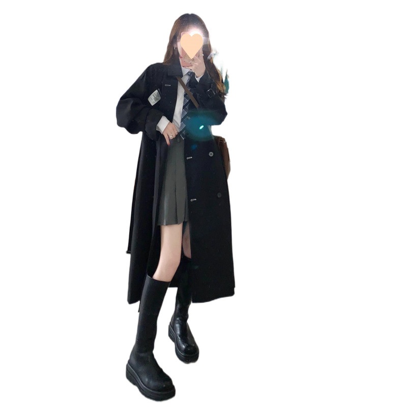 Damenbekleidung Herbst/Winter: Neuer britischer Trenchcoat in Schwarz, mittellang, im Hepburn-Stil, elegant und zierlich._voghion.com