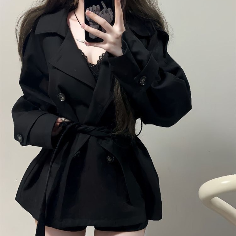 Women's Clothing Women's British Short Trench Coat Black Double-Breasted Petite Women Autumn Winter New High-End Waist-Cinching Little_voghion.com