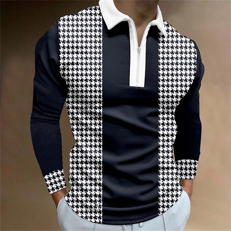 boy Boy Cross-Border New Striped 3-Color Shirt Spring And Autumn Long Sleeve Zipper Turn-Down Collar Casual Plus Size Men's Polo_voghion.com