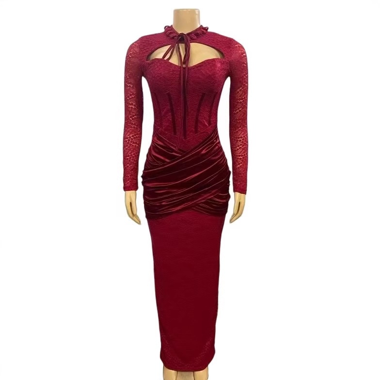ChicShe ChicShe Cross-Border European And American New Half-High Collar Lace-Up Patchwork Low-Cut Sexy Bodycon Long Sleeve Dress_voghion.com