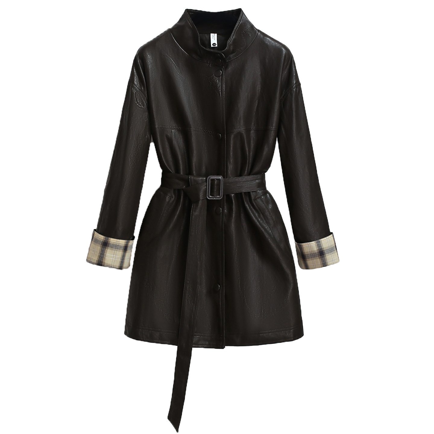 Women's Clothing Women's Clothing Melard Coffee Color Stand Collar PU Leather Trench Coat For Women, Mid-Length, 2025 Early Autumn New, Stylish_voghion.com