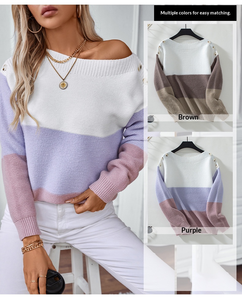 ChicShe ChicShe Rainy Color Block Off-Shoulder Button Pullover Women's European And American Style Sweater Autumn Winter Casual Loose_voghion.com
