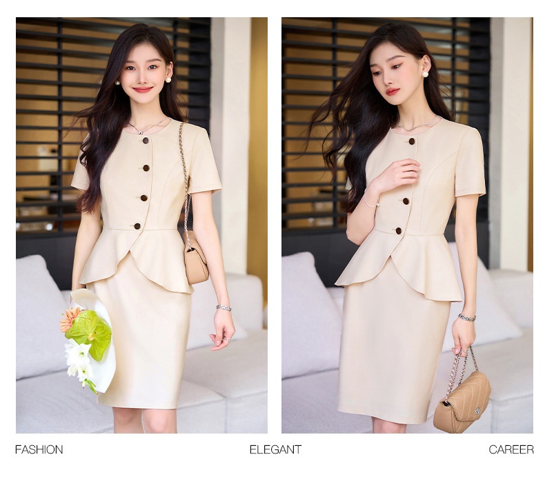 ChicShe 2024 Summer New Apricot Short Sleeve Professional Casual Jacket Women Pants Skirt Simple Elegant Two-Piece Set_voghion.com
