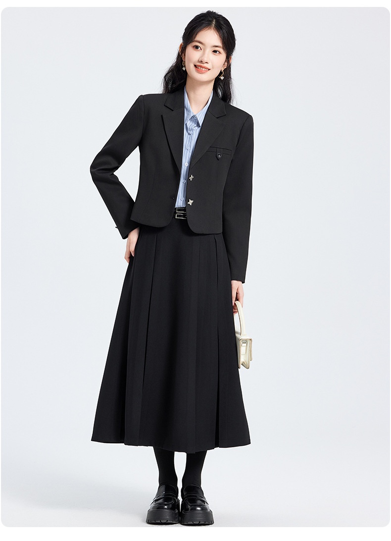 ChicShe Grigio Primavera Autunno Inverno 25 Anni Manica Lunga Corta Stile JK Piccolo Blazer Colletto Giacca Camicia Donna Gonna Tre Pezzi_voghion.com