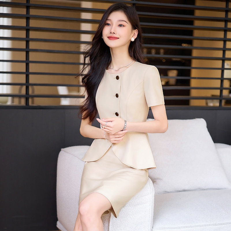 ChicShe 2024 Summer New Apricot Short Sleeve Professional Casual Jacket Women Pants Skirt Simple Elegant Two-Piece Set_voghion.com