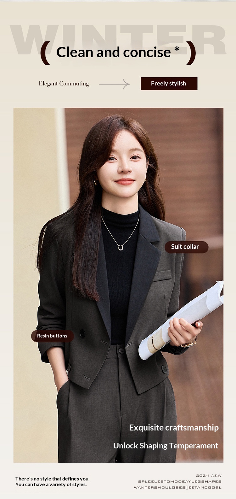 Blazer corto grigio scuro ChicShe da donna, nuovo stile transfrontaliero per primavera e autunno, completo professionale di alta qualità_voghion.com