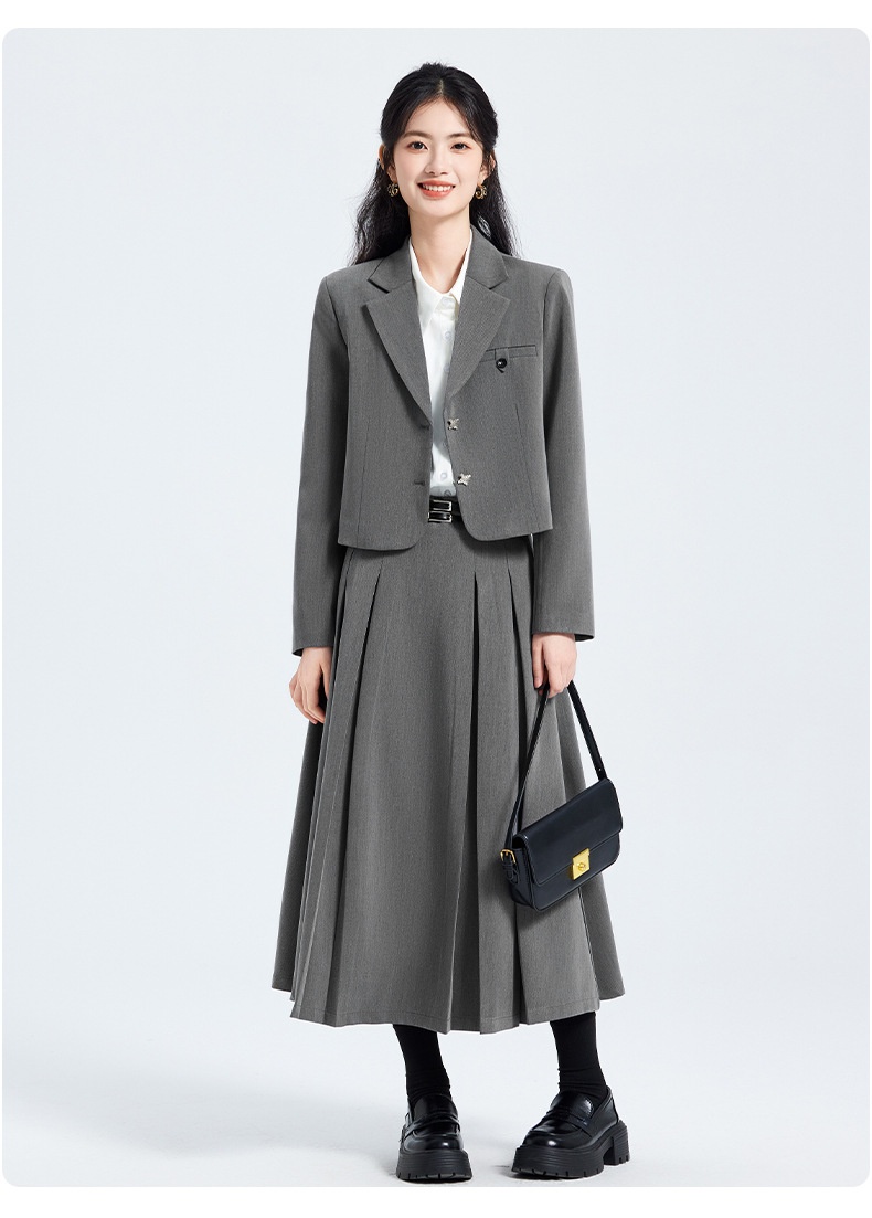 ChicShe Grigio Primavera Autunno Inverno 25 Anni Manica Lunga Corta Stile JK Piccolo Blazer Colletto Giacca Camicia Donna Gonna Tre Pezzi_voghion.com