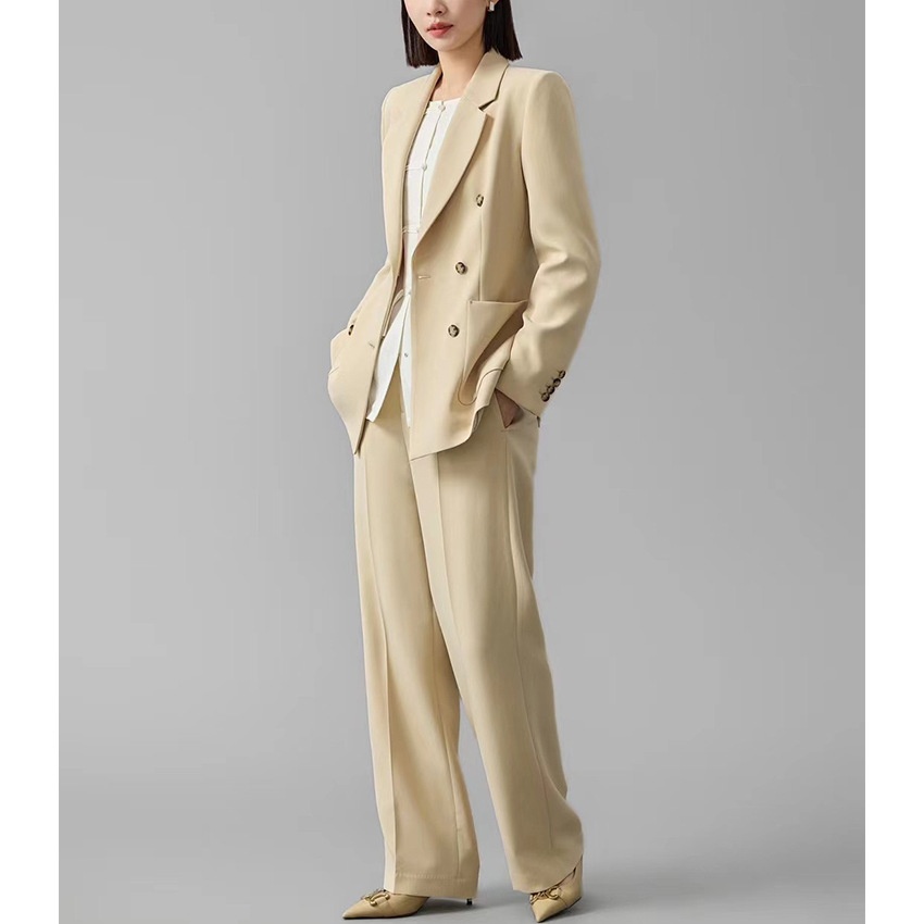 ChicShe 2024 Spring And Autumn Acetate Small Blazer Double-Breasted Two-Piece Professional Suit Straight-Leg Wide-Leg Pants_voghion.com