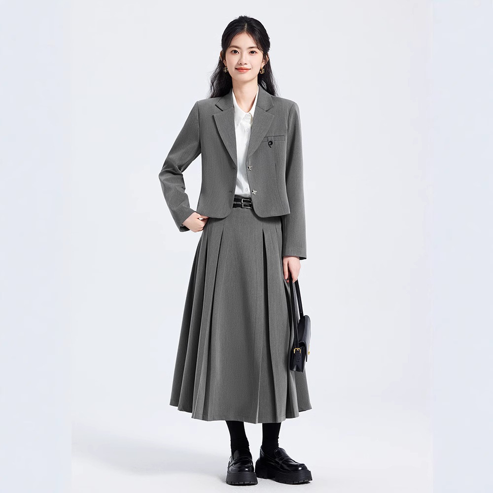 ChicShe Grigio Primavera Autunno Inverno 25 Anni Manica Lunga Corta Stile JK Piccolo Blazer Colletto Giacca Camicia Donna Gonna Tre Pezzi_voghion.com