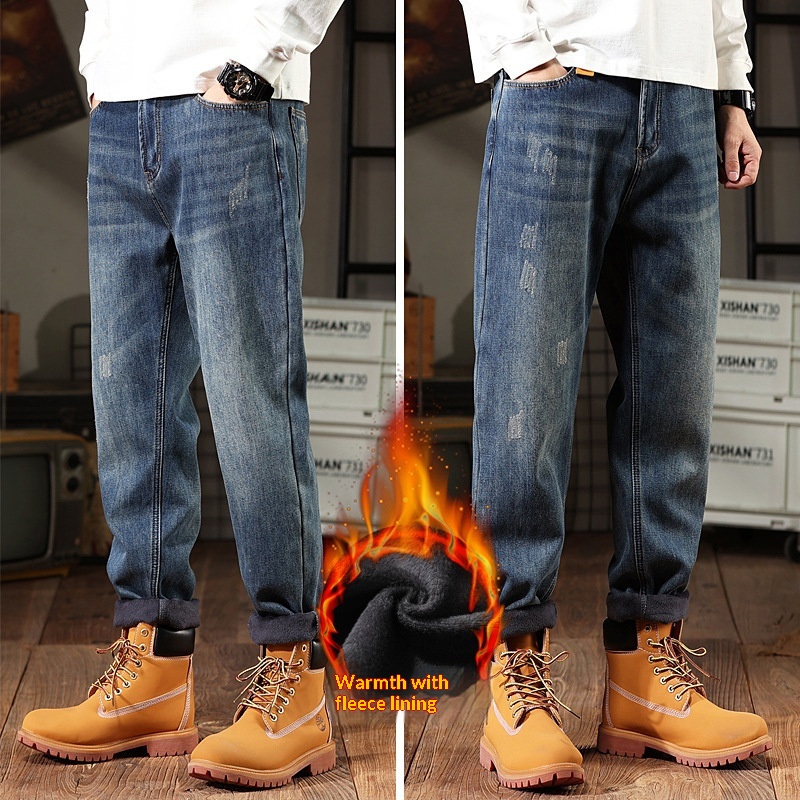 Jean stretch Boy Little Fat Cow pour homme, coupe ample, doublure polaire, grandes tailles, jambes droites, automne-hiver._voghion.com