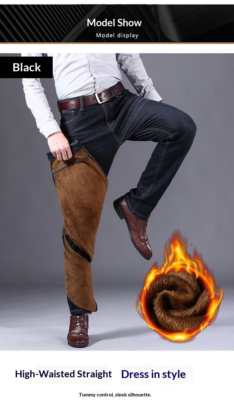 boy Boy Winter Fleece-Lined Men's Jeans, Straight Loose Fit, Warm With Fleece, Stretchy Thickened Wear-Resistant Work Pants_voghion.com