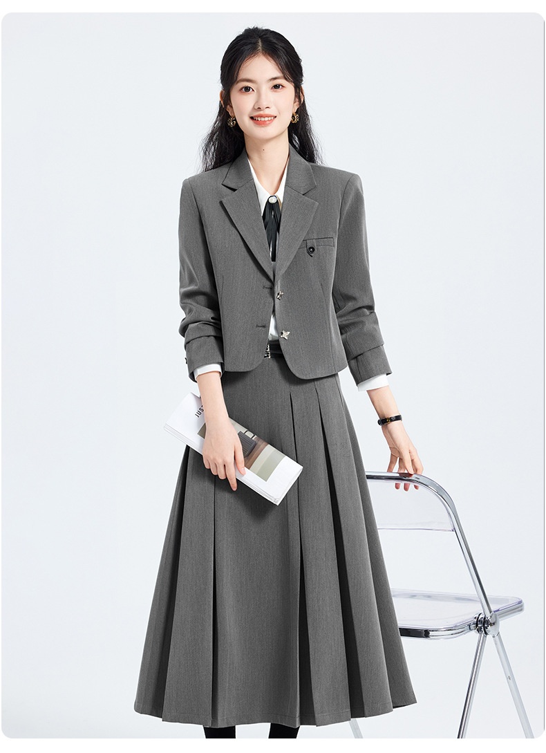 ChicShe Grigio Primavera Autunno Inverno 25 Anni Manica Lunga Corta Stile JK Piccolo Blazer Colletto Giacca Camicia Donna Gonna Tre Pezzi_voghion.com