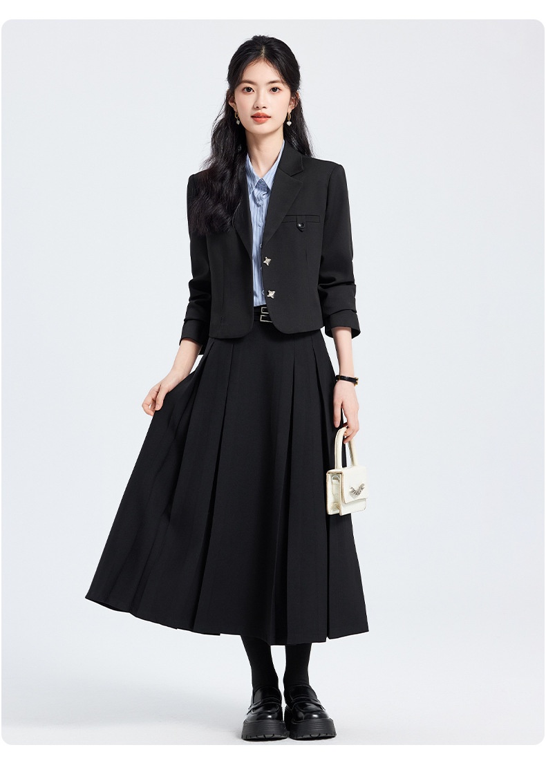 ChicShe Grigio Primavera Autunno Inverno 25 Anni Manica Lunga Corta Stile JK Piccolo Blazer Colletto Giacca Camicia Donna Gonna Tre Pezzi_voghion.com