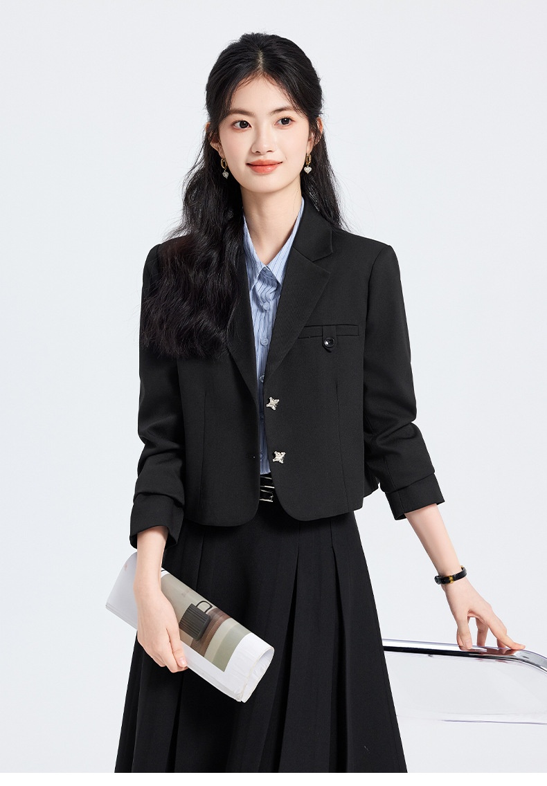 ChicShe Grigio Primavera Autunno Inverno 25 Anni Manica Lunga Corta Stile JK Piccolo Blazer Colletto Giacca Camicia Donna Gonna Tre Pezzi_voghion.com