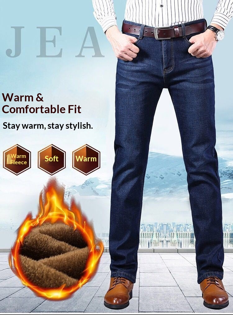 boy Boy Winter Fleece-Lined Men's Jeans, Straight Loose Fit, Warm With Fleece, Stretchy Thickened Wear-Resistant Work Pants_voghion.com