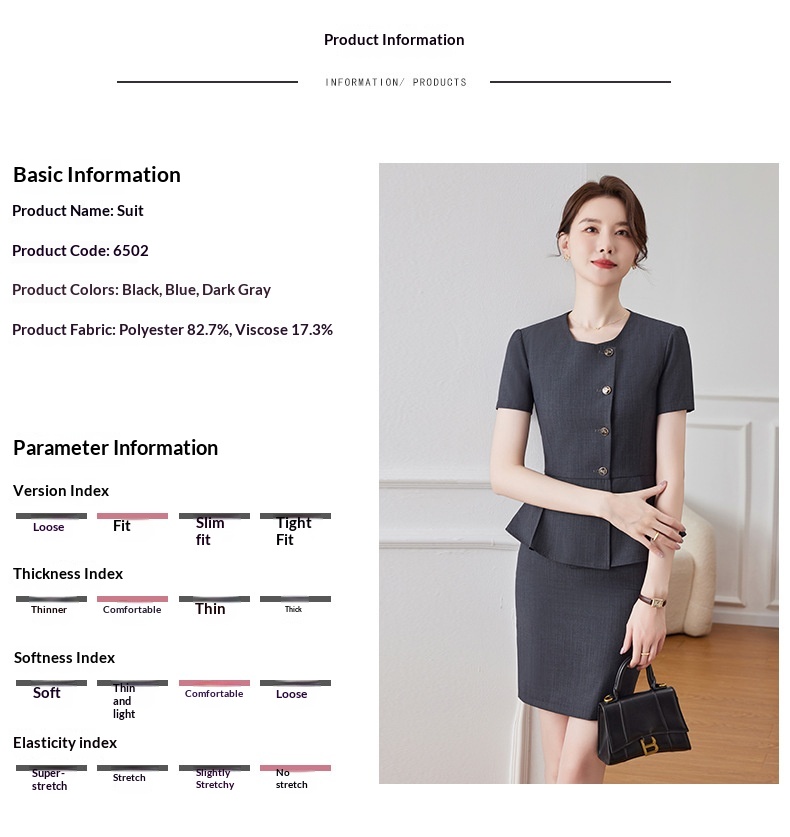 ChicShe 2024 Nuovo stile estivo grigio scuro manica corta blazer senza colletto da donna pantaloni gonna elegante set due pezzi_voghion.com