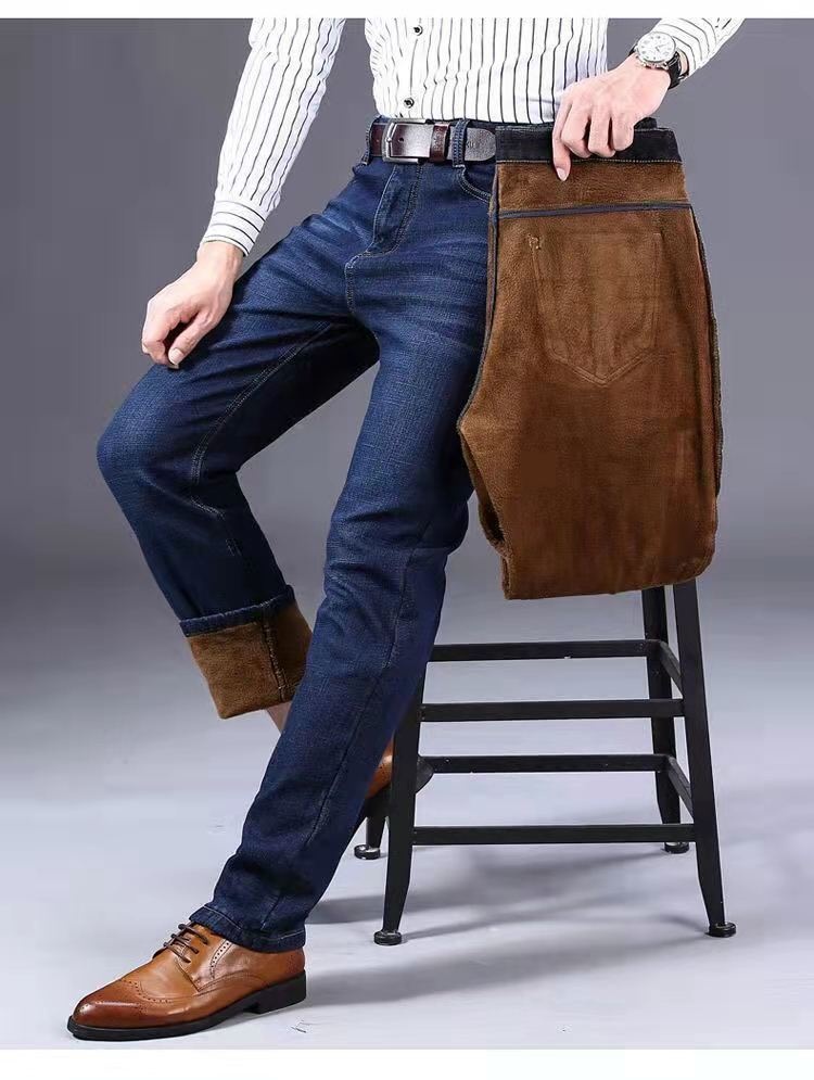 boy Boy Winter Fleece-Lined Men's Jeans, Straight Loose Fit, Warm With Fleece, Stretchy Thickened Wear-Resistant Work Pants_voghion.com