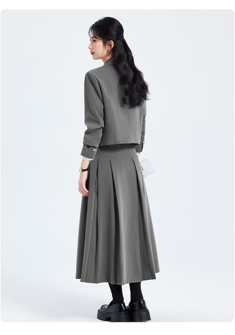 ChicShe Grigio Primavera Autunno Inverno 25 Anni Manica Lunga Corta Stile JK Piccolo Blazer Colletto Giacca Camicia Donna Gonna Tre Pezzi_voghion.com