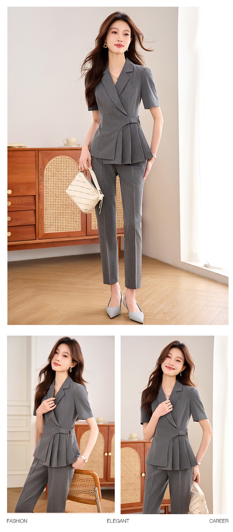 ChicShe Gray Short Sleeve Suit Set For Women Summer Professional Elegant Hotel Manager Workwear Beauty Salon Jewelry Store_voghion.com