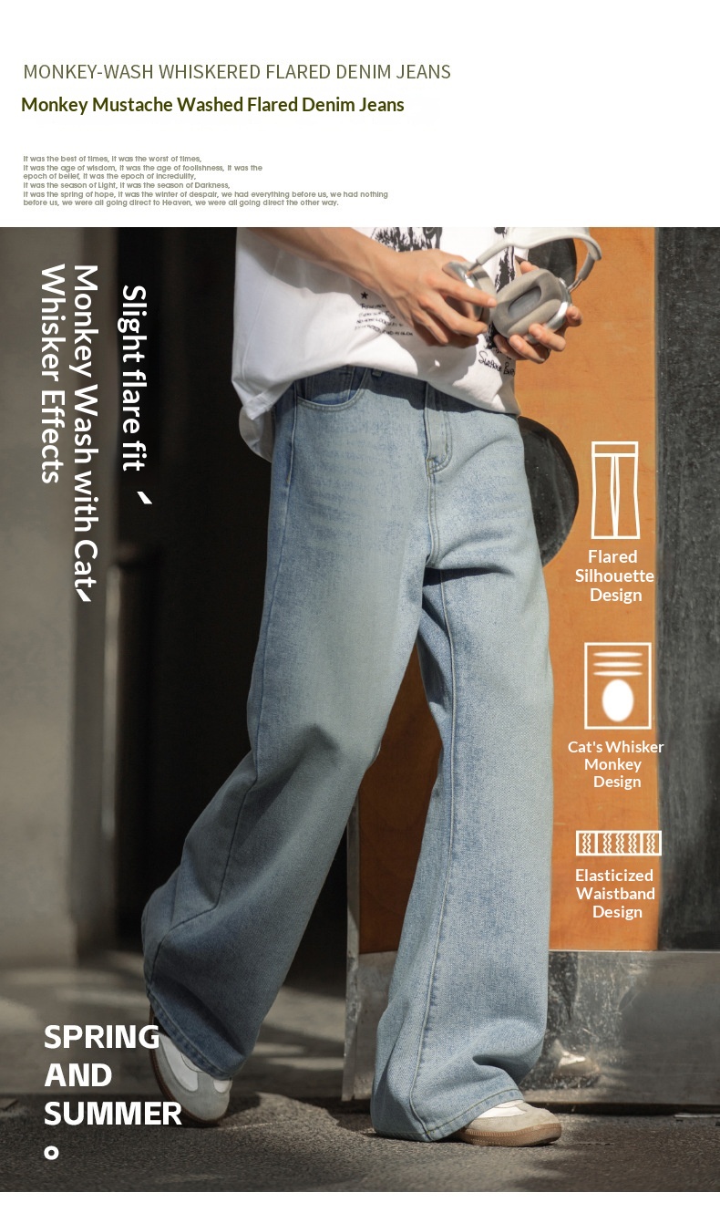 boy Boy Boy American Retro Washed Flared Jeans For Men Spring Summer New Loose Half Elastic Waist Bell Bottom Pants_voghion.com