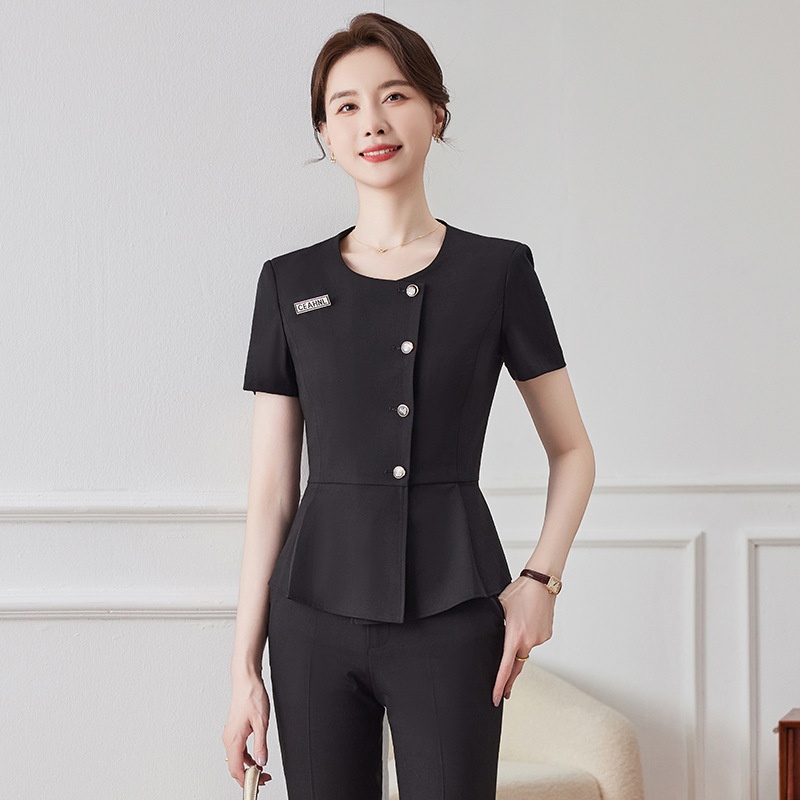 ChicShe 2024 Nuovo stile estivo grigio scuro manica corta blazer senza colletto da donna pantaloni gonna elegante set due pezzi_voghion.com