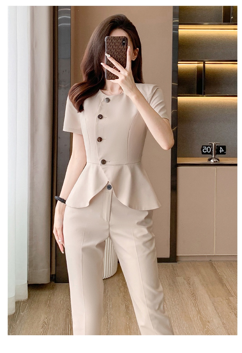 ChicShe 2024 Summer New Apricot Short Sleeve Professional Casual Jacket Women Pants Skirt Simple Elegant Two-Piece Set_voghion.com