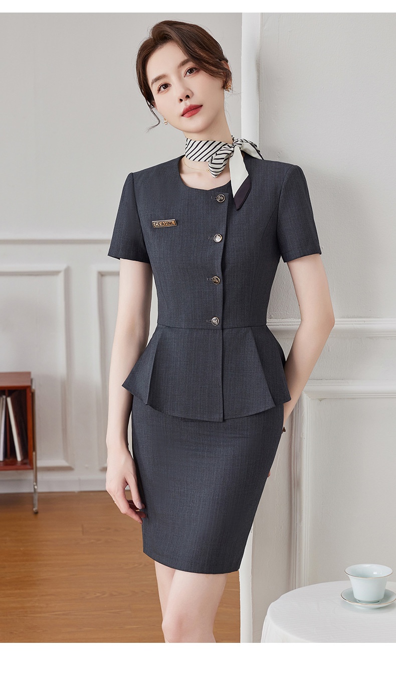 ChicShe 2024 Nuovo stile estivo grigio scuro manica corta blazer senza colletto da donna pantaloni gonna elegante set due pezzi_voghion.com