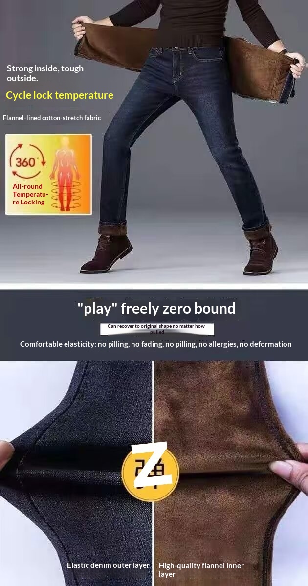 Jungen-Jeans, Herbst/Winter, Fleecegefüttert, Verdickt, Lässig, Vielseitig, Locker, Gerade, Warm, Baumwolle, Herren, Großhandel_voghion.com