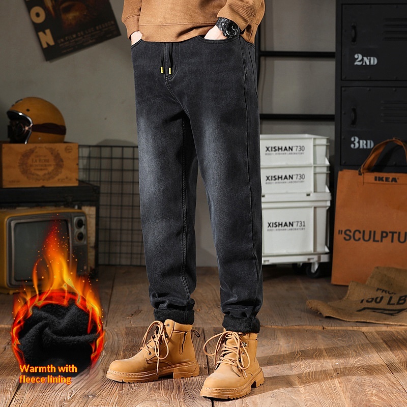 Jean stretch Boy Little Fat Cow pour homme, coupe ample, doublure polaire, grandes tailles, jambes droites, automne-hiver._voghion.com