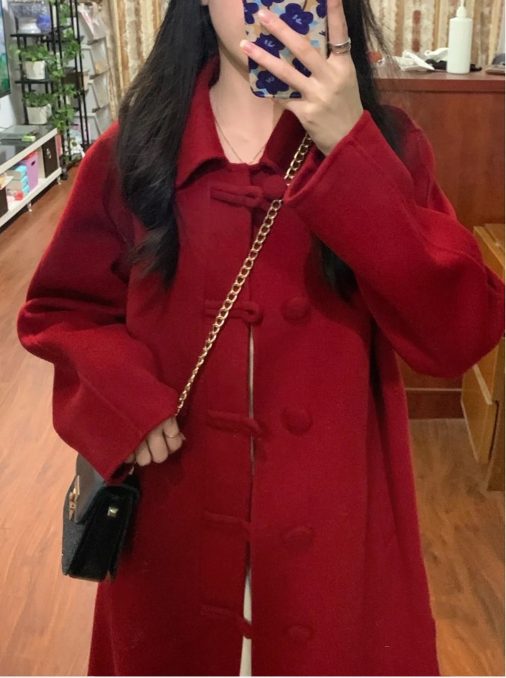 2025 Autumn Winter New Thickened Woolen Coat, Women's Clothing, Women's Vintage Red Double-Sided Wool Coat With Button Closure, Mid-Length_voghion.com