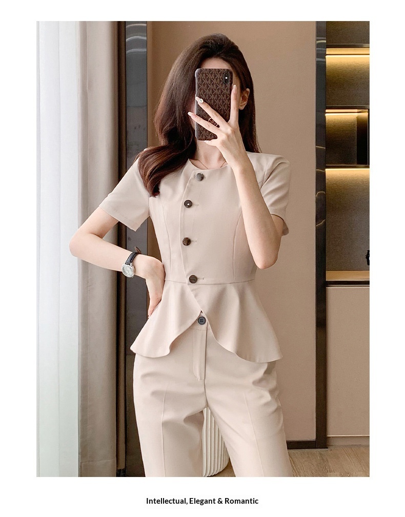 ChicShe 2024 Summer New Apricot Short Sleeve Professional Casual Jacket Women Pants Skirt Simple Elegant Two-Piece Set_voghion.com