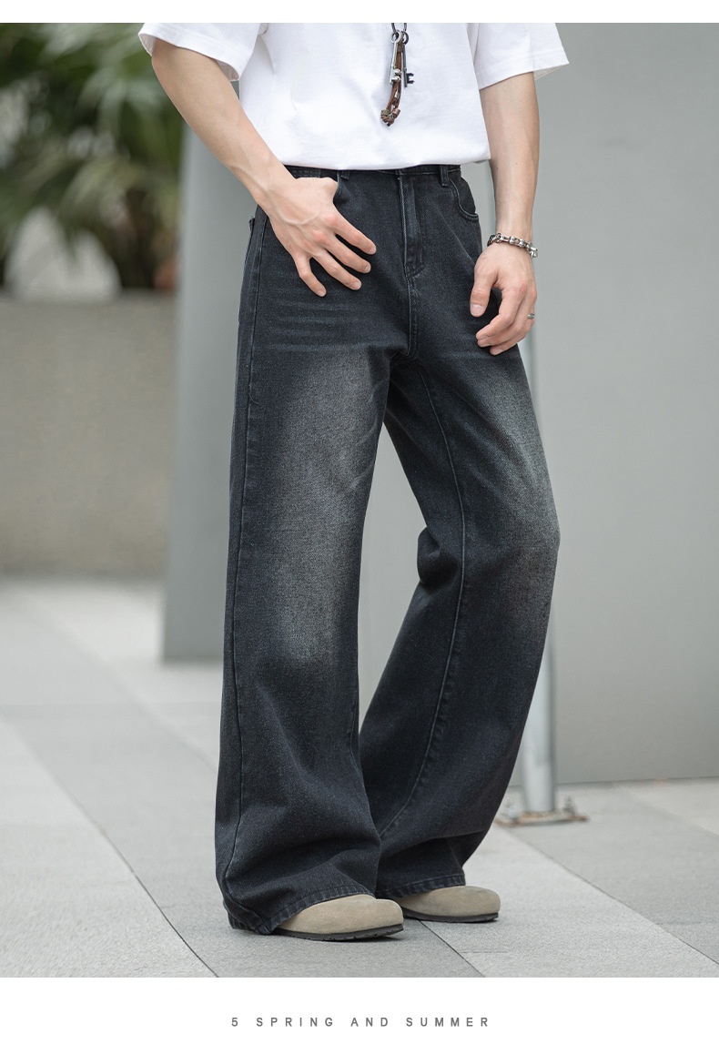 boy Boy Boy American Retro Washed Flared Jeans For Men Spring Summer New Loose Half Elastic Waist Bell Bottom Pants_voghion.com