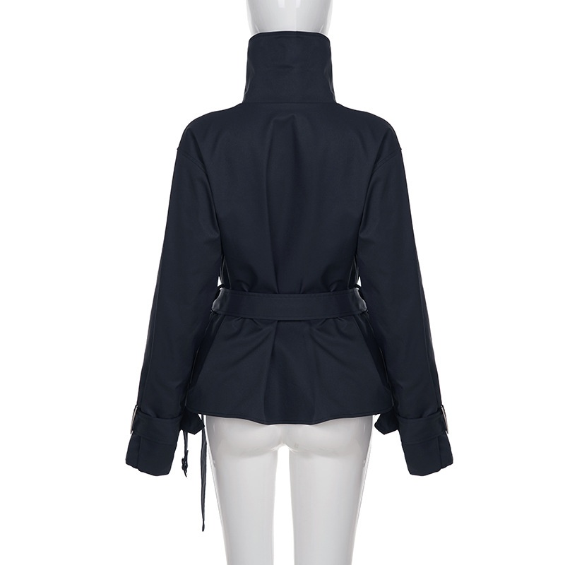 Women's Clothing Women's Street Cool Simple Versatile Tie Waist Slimming Trench Coat Niche Design Button Stand Collar Top For Women_voghion.com