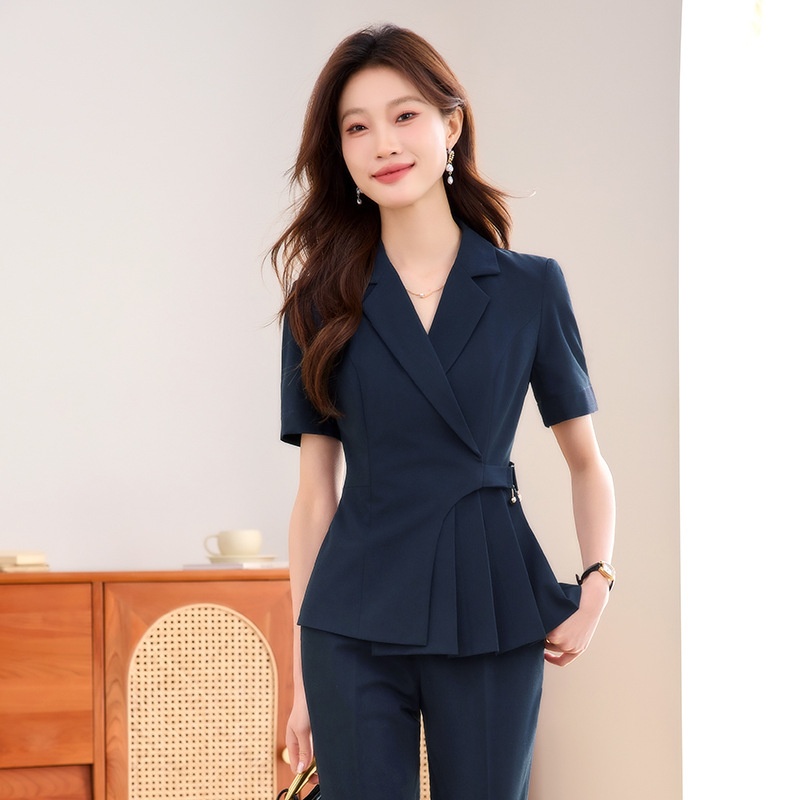 ChicShe Gray Short Sleeve Suit Set For Women Summer Professional Elegant Hotel Manager Workwear Beauty Salon Jewelry Store_voghion.com