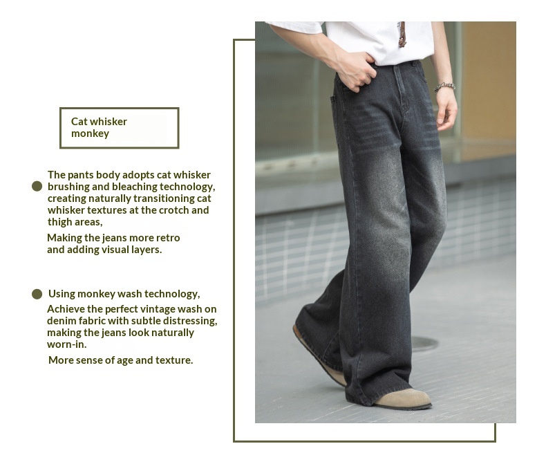 boy Boy Boy American Retro Washed Flared Jeans For Men Spring Summer New Loose Half Elastic Waist Bell Bottom Pants_voghion.com