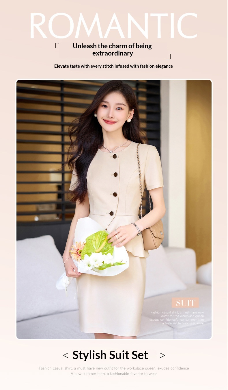 ChicShe 2024 Summer New Apricot Short Sleeve Professional Casual Jacket Women Pants Skirt Simple Elegant Two-Piece Set_voghion.com