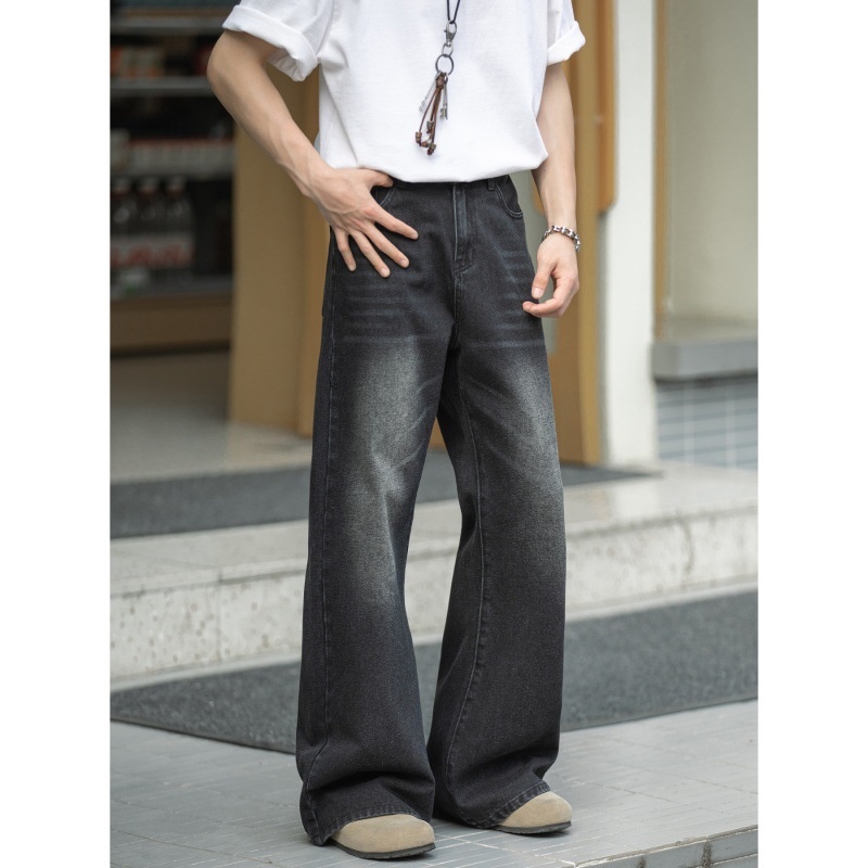 boy Boy Boy American Retro Washed Flared Jeans For Men Spring Summer New Loose Half Elastic Waist Bell Bottom Pants_voghion.com