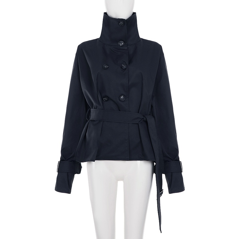 Women's Clothing Women's Street Cool Simple Versatile Tie Waist Slimming Trench Coat Niche Design Button Stand Collar Top For Women_voghion.com