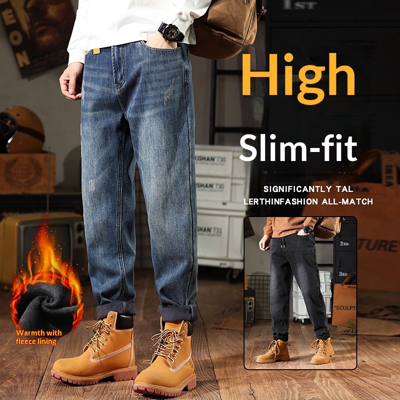 Jean stretch Boy Little Fat Cow pour homme, coupe ample, doublure polaire, grandes tailles, jambes droites, automne-hiver._voghion.com