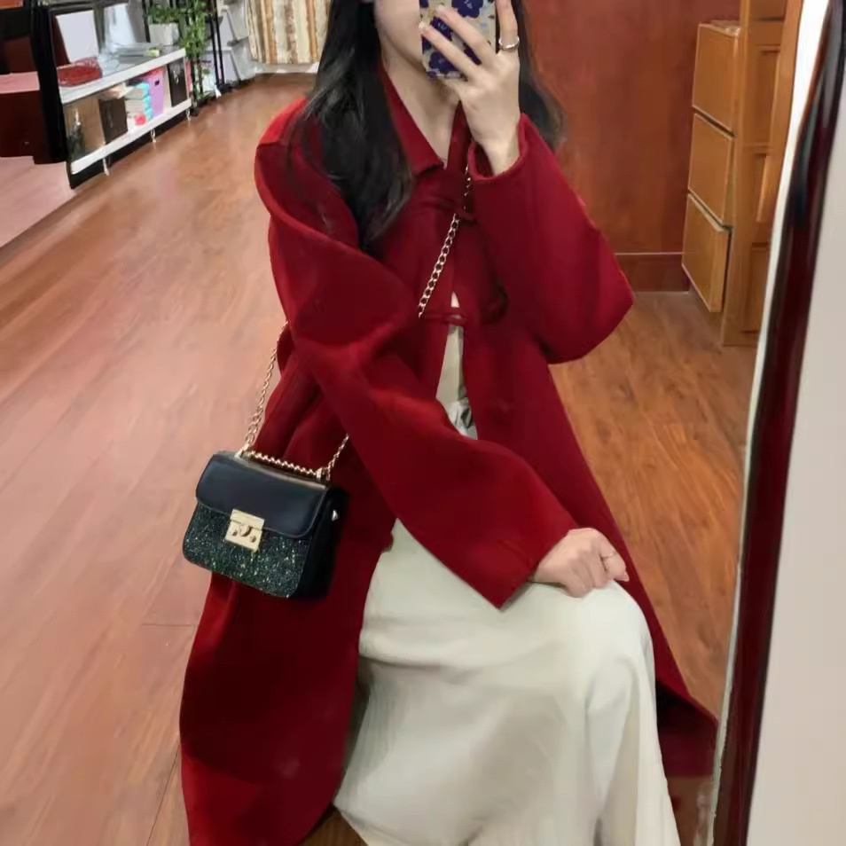 2025 Autumn Winter New Thickened Woolen Coat, Women's Clothing, Women's Vintage Red Double-Sided Wool Coat With Button Closure, Mid-Length_voghion.com